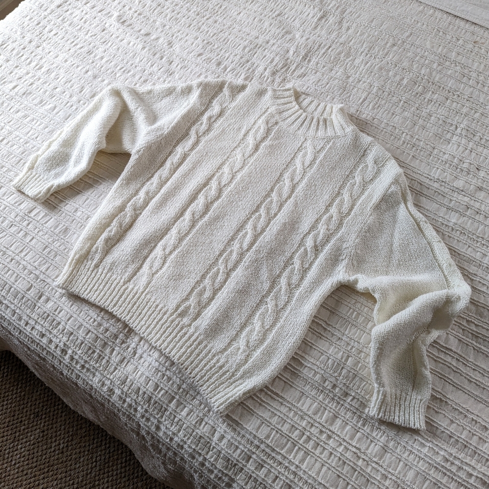 VNTG | White Cable Knit Sweater (size L) - Picture 3 of 6